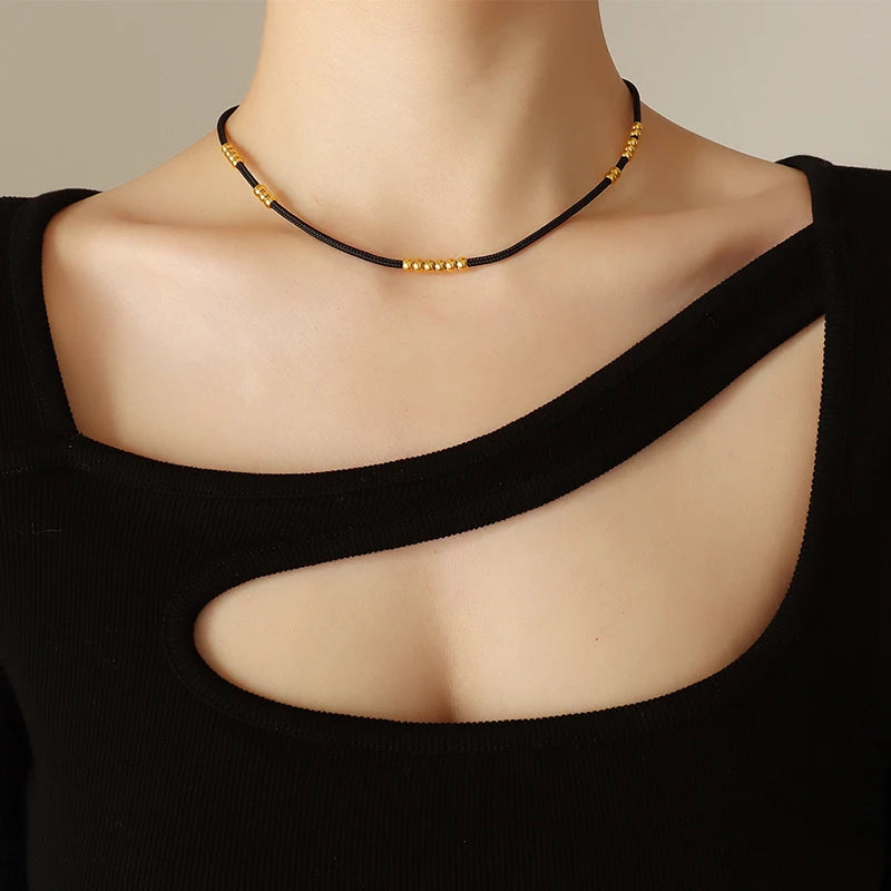 Cloth Rope Necklace Stainless Steel Beads Lolita Women's Collar Chain