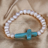 Turquoise Cross Christian Bracelet with Pearl Beads