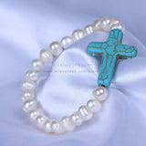 Turquoise Cross Christian Bracelet with Pearl Beads