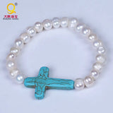 Turquoise Cross Christian Bracelet with Pearl Beads