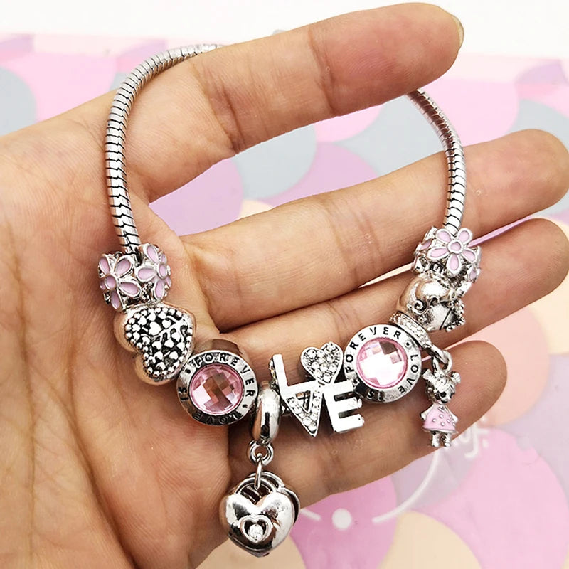 FOREVER LOVE Beads Charm Bracelets For Women Silver Chain Couple Christmas Jewel