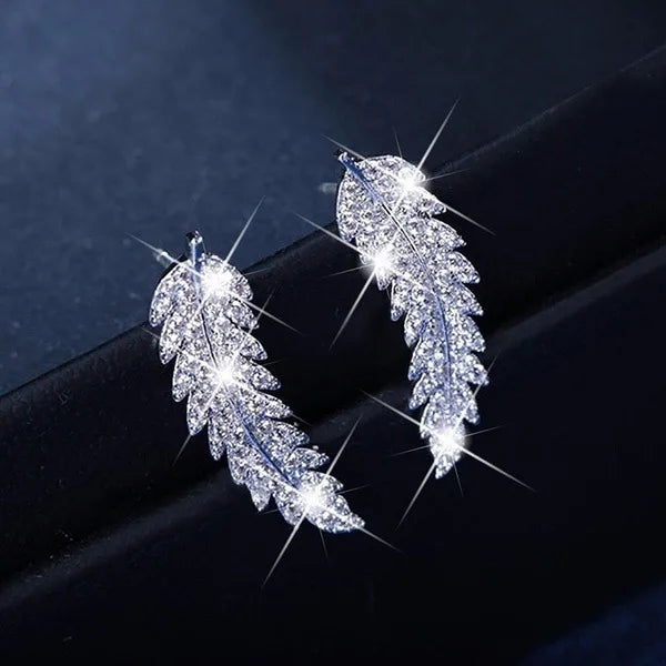 Feather Stud Earrings 925 Sterling Silver Angle Wing CZ Leaves Wedding Jewelry