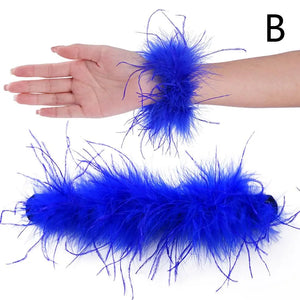Feather Women Bracelet Cuffs Wrap Stainless Steel Real Fur Ostrich Feather
