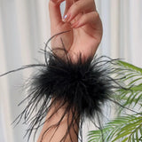 Feather Women Bracelet Cuffs Wrap Stainless Steel Real Fur Ostrich Feather