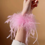 Feather Women Bracelet Cuffs Wrap Stainless Steel Real Fur Ostrich Feather