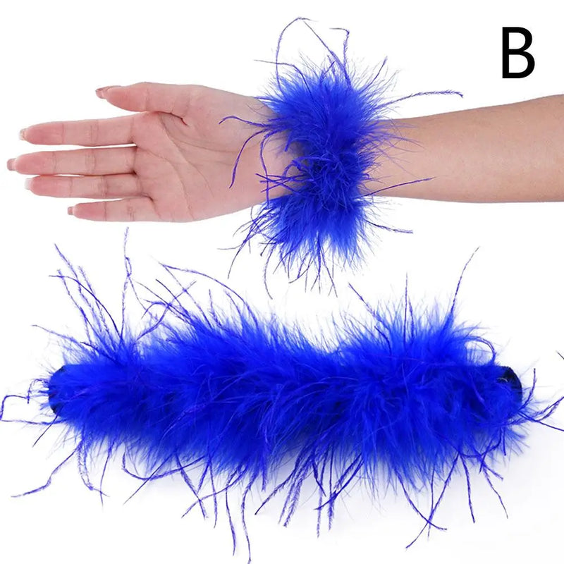 Feather Women Bracelet Cuffs Wrap Stainless Steel Real Fur Ostrich Feather