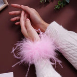 Feather Women Bracelet Cuffs Wrap Stainless Steel Real Fur Ostrich Feather