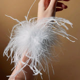 Feather Women Bracelet Cuffs Wrap Stainless Steel Real Fur Ostrich Feather