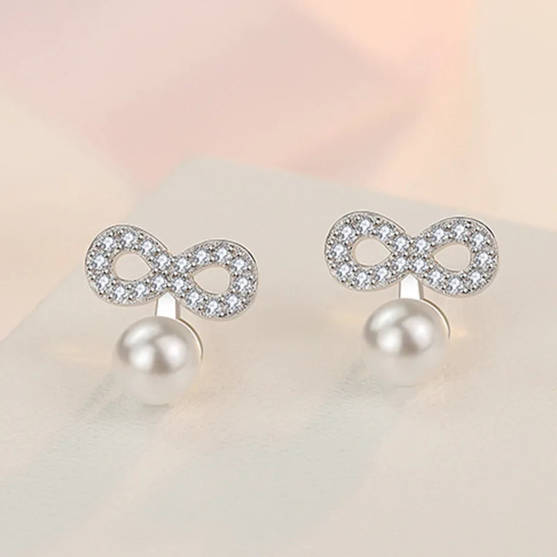 925 Silver Bowknot Infinity Pearl Earrings Zircon