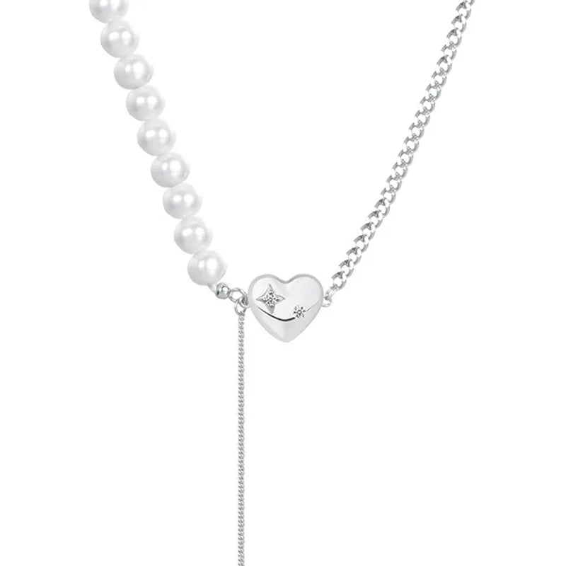 925 Silver Tassel Necklace w/ Pearl Heart Pendant