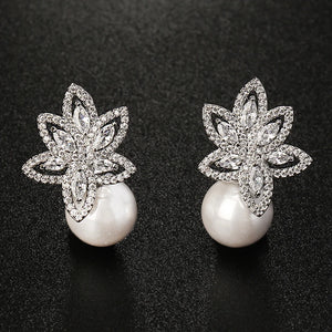 Flower Pearl Earrings CZ Stone Dangle Earings Wedding Jewelry