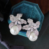 Flower Pearl Earrings CZ Stone Dangle Earings Wedding Jewelry