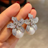 Flower Pearl Earrings CZ Stone Dangle Earings Wedding Jewelry