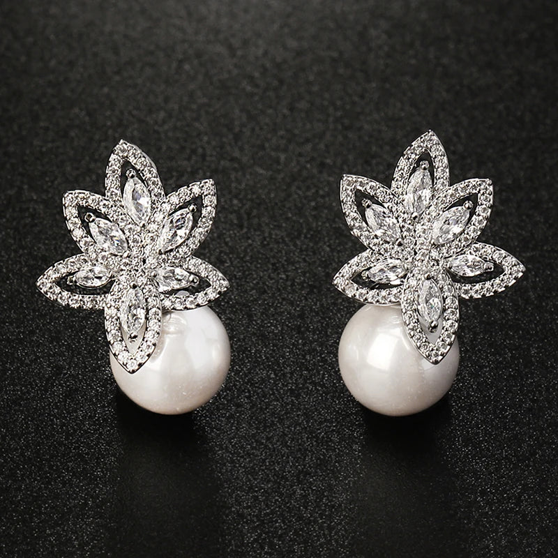 Flower Pearl Earrings CZ Stone Dangle Earings Wedding Jewelry