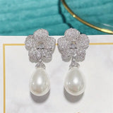 Flower Pearl Earring Wedding CZ Jewelri Women Dangle