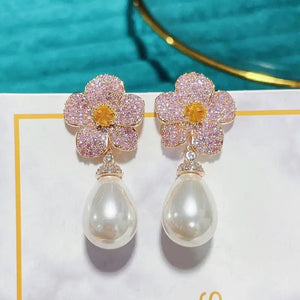 Flower Pearl Earring Wedding CZ Jewelri Women Dangle