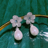 Flower Pearl Earring Wedding CZ Jewelri Women Dangle