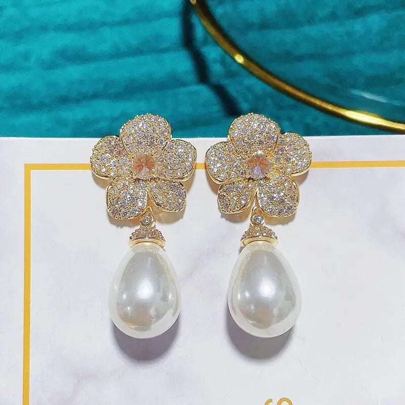 Flower Pearl Earring Wedding CZ Jewelri Women Dangle
