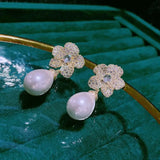 Flower Pearl Earring Wedding CZ Jewelri Women Dangle