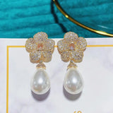 Flower Pearl Earring Wedding CZ Jewelri Women Dangle