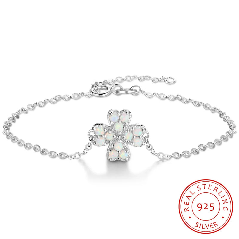 925 Silver Daisy Cherry Stretch Opal Charm Bracelet Lady Jewelry