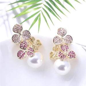 Flower Wedding Earring for Women Big Round Pearl CZ Anniversary Drop Earring