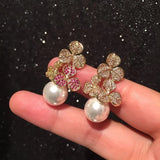 Flower Wedding Earring for Women Big Round Pearl CZ Anniversary Drop Earring