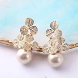Flower Wedding Earring for Women Big Round Pearl CZ Anniversary Drop Earring