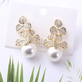 Flower Wedding Earring for Women Big Round Pearl CZ Anniversary Drop Earring