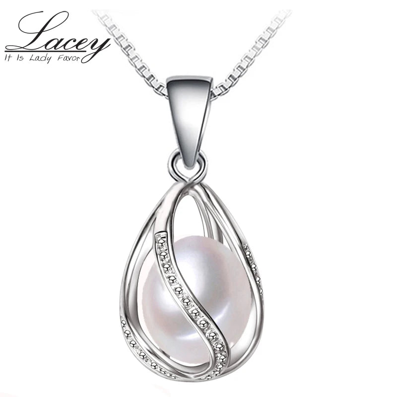 Freshwater Pearl Pendant Necklace 925 Sterling Silver Chain Cage Pendant