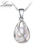 Freshwater Pearl Pendant Necklace 925 Sterling Silver Chain Cage Pendant