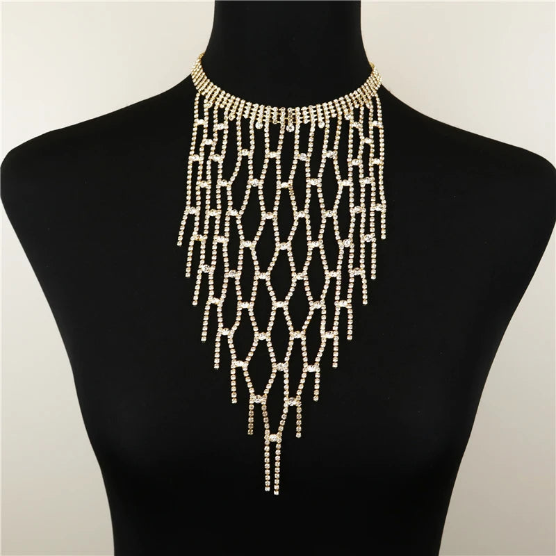 Long Tassel Choker Necklace Rhinestone Pendant Jewelry