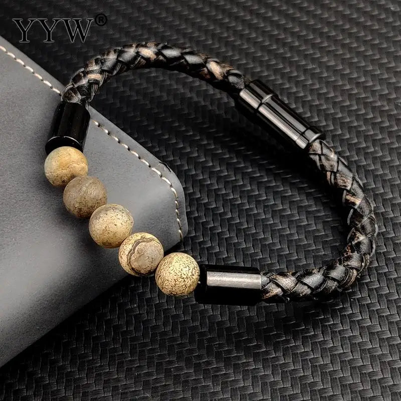 Stainless Steel Gemstone Bracelet with Leather