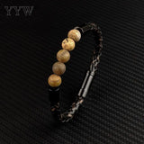 Stainless Steel Gemstone Bracelet with Leather