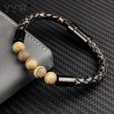 Stainless Steel Gemstone Bracelet with Leather