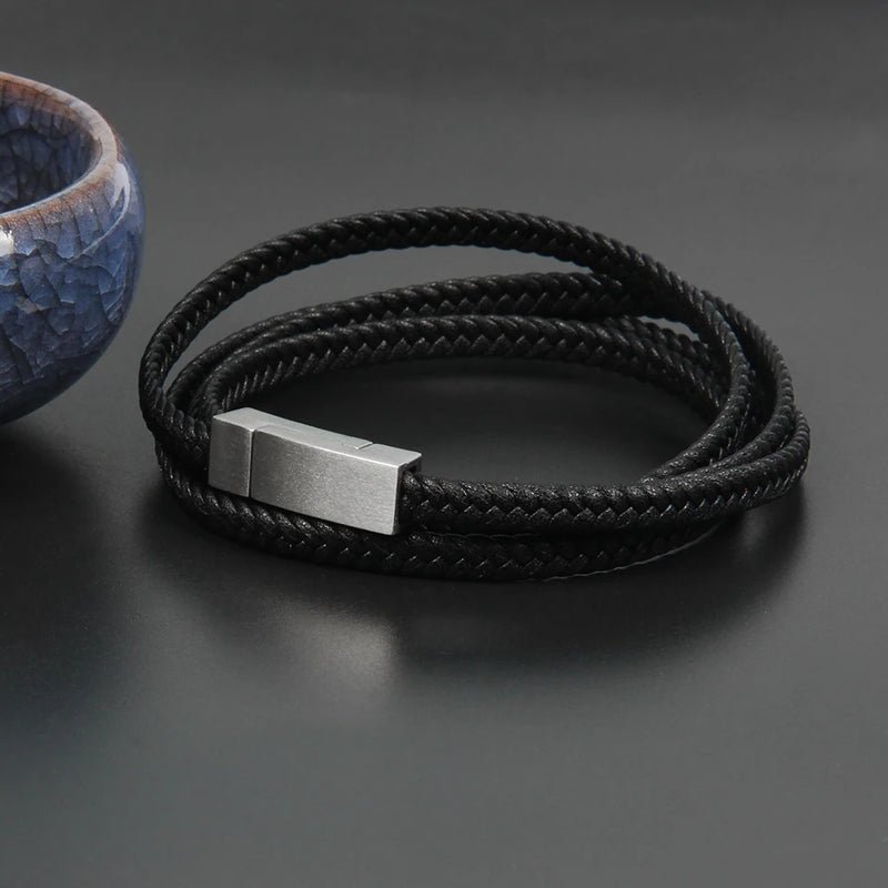 Men's Stainless Steel Leather Bracelets Multilayer Braided Rope Jewelry