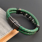 Green Leather Braided Punk Beads Bracelet