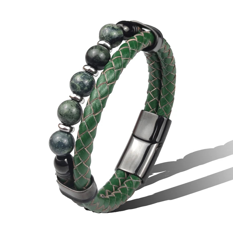 Green Leather Braided Punk Beads Bracelet