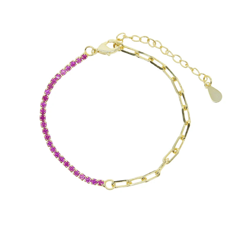 Colorful Rainbow CZ Link Chains Paper Clip Round CZ Tennis Bracelet