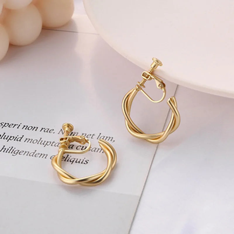 Geometric Round Hoop Clip on Earrings for Women Non Pierced Round Ear Clips