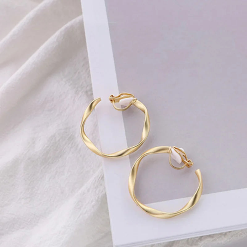 Geometric Round Hoop Clip on Earrings for Women Non Pierced Round Ear Clips
