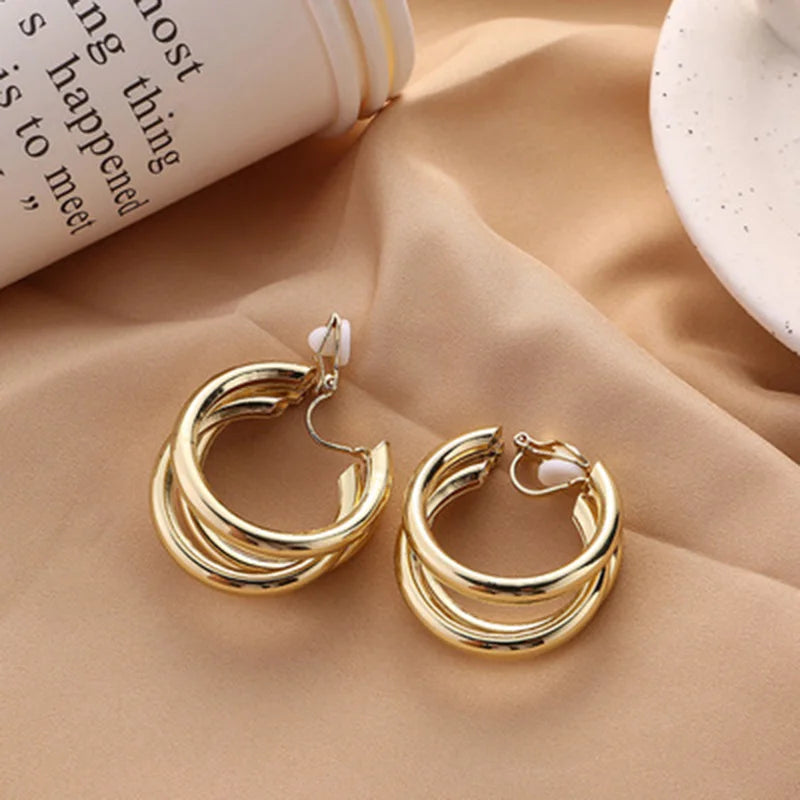 Geometric Round Hoop Clip on Earrings for Women Non Pierced Round Ear Clips