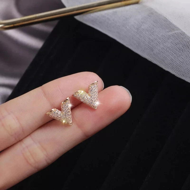 Geometric Triangle Stud Earrings Silver Zircon V Shape Earring Women Jewelry