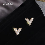Geometric Triangle Stud Earrings Silver Zircon V Shape Earring Women Jewelry