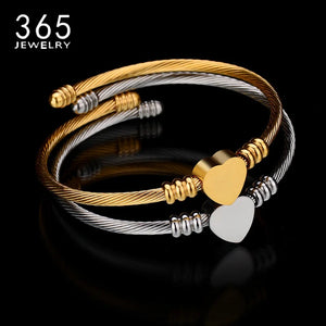 Stainless Steel Heart Charm Bracelet Twisted Cable Wire Bangle Wedding Jewelry