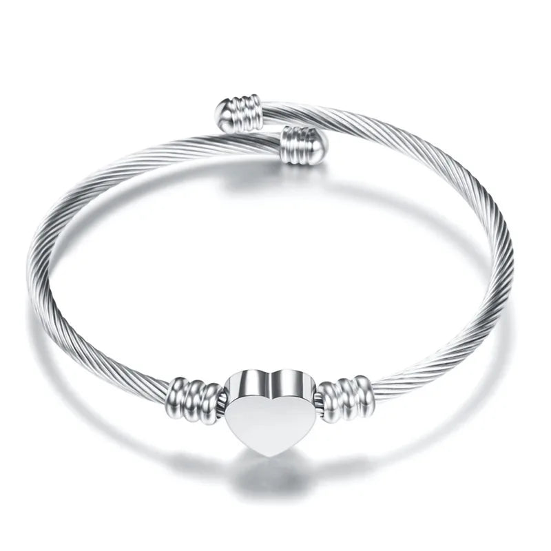 Stainless Steel Heart Charm Bracelet Twisted Cable Wire Bangle Wedding Jewelry