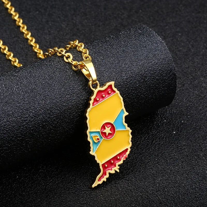 Grenada Map Pendant Necklace National Flag Necklace Unisex Hip Hop Jewelry