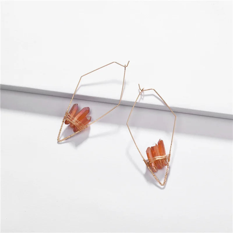Copper Wire Hoop Earrings with Quartz Stone