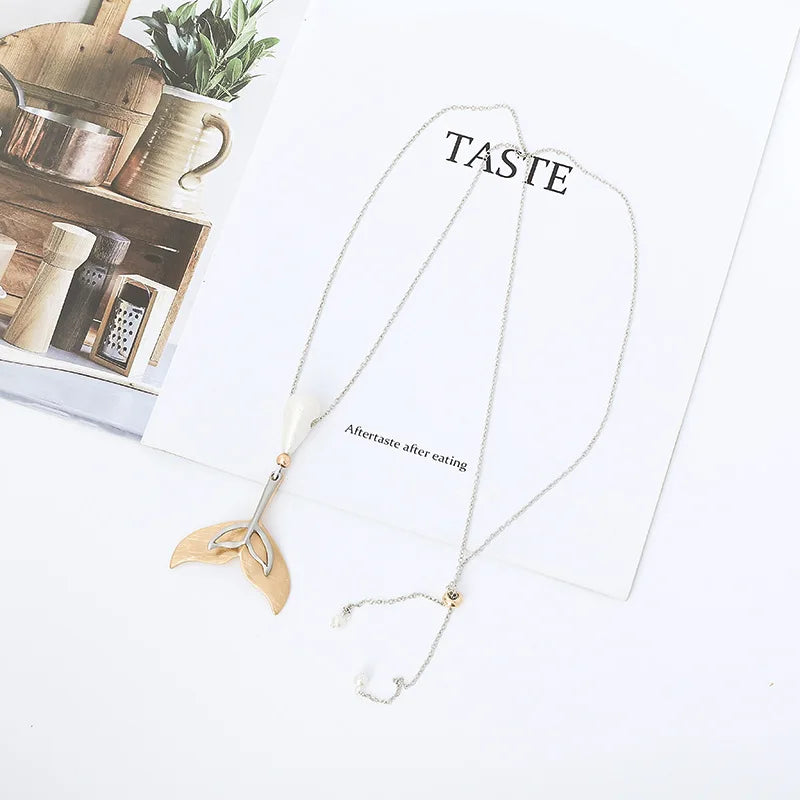 Mermaid Tail Pendant Necklace Silver Pearl Long Chain Animal Jewelry Gift