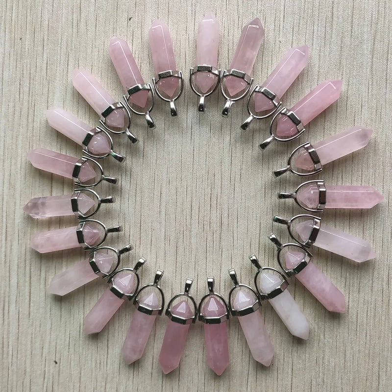 24pcs Pink Natural Quartz Point Pillar Pendants for Jewelry Making